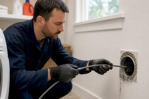 Technician cleaning a dryer vent close-up
