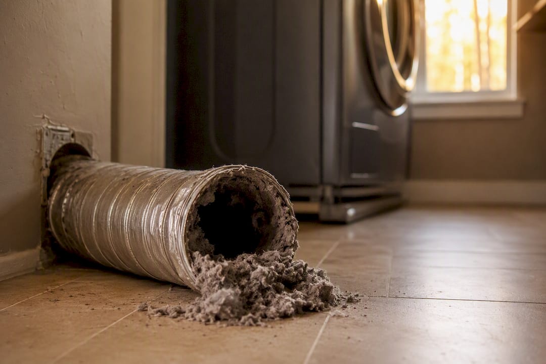 Close-up of lint buildup inside dryer vent