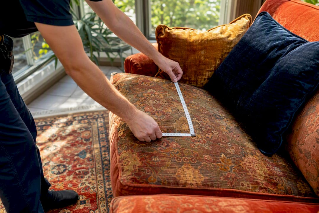 Hands measuring sofa cushions for cleaning pricing