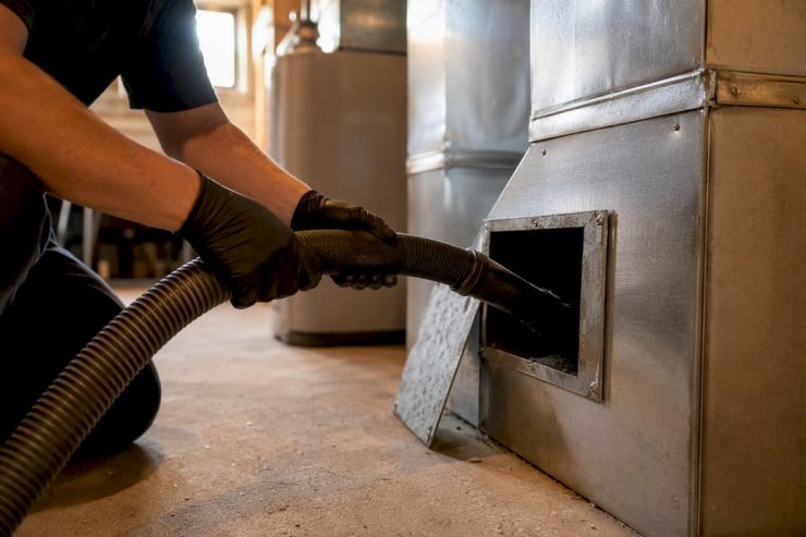 Gloved hands vacuuming inside air duct