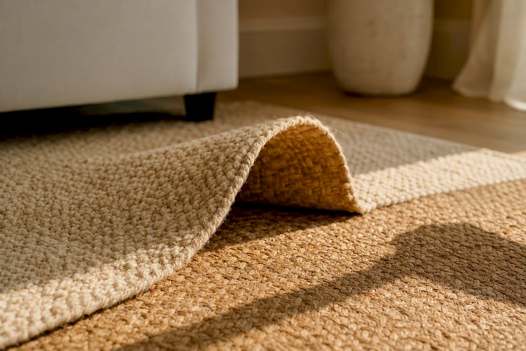 Close-up of jute-backed natural fiber carpet