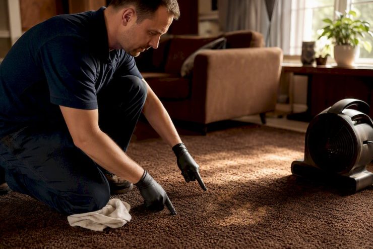 Technician inspecting brown carpet stains