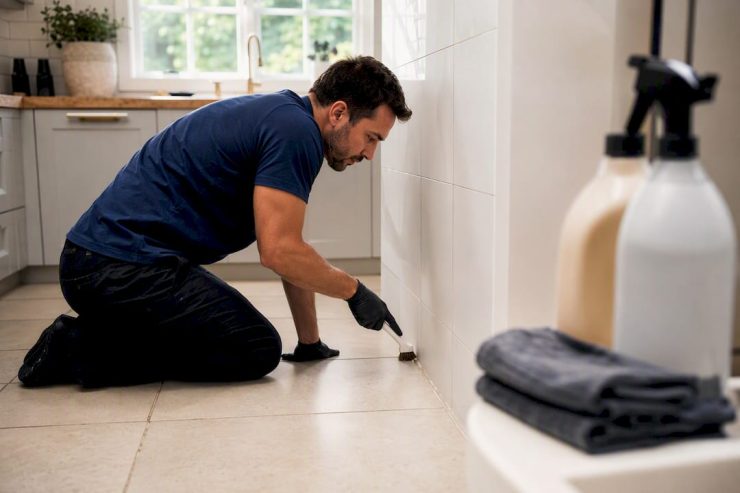Technician cleaning tile grout in bathroom