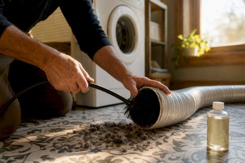 Hands inserting brush into dryer vent duct