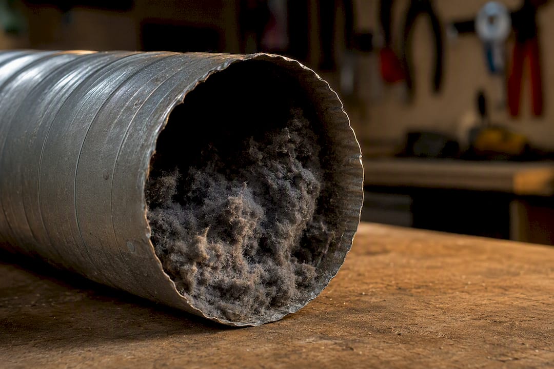 Dryer vent duct with lint accumulation close-up