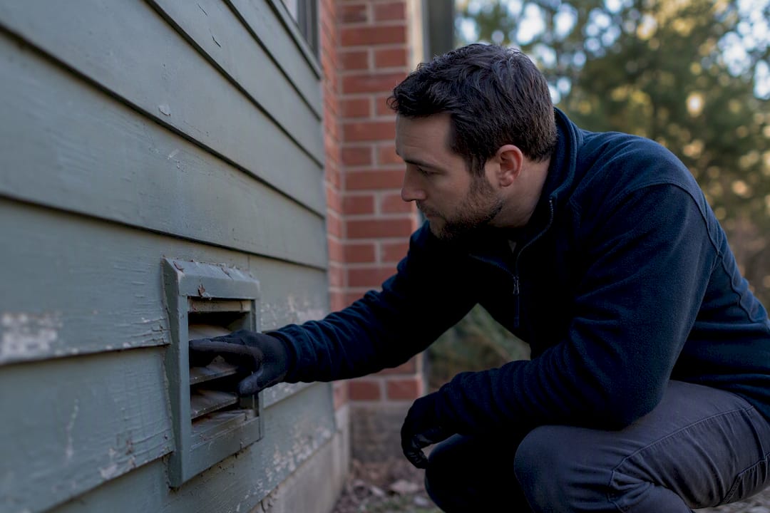 Hand tapping dryer vent exterior cap to check nest