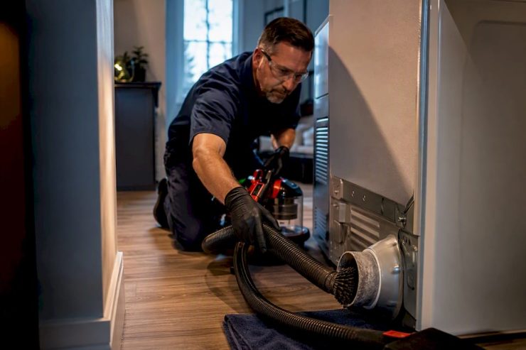 Technician extracting lint from interior dryer duct