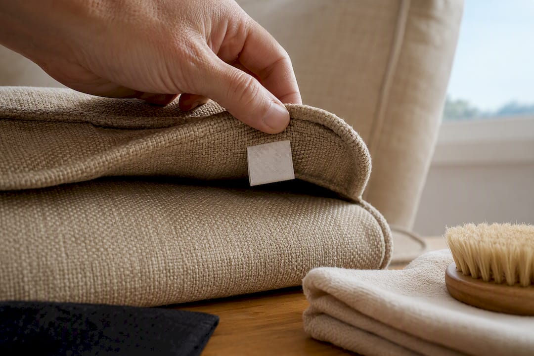 Hand inspecting a couch fabric care tag