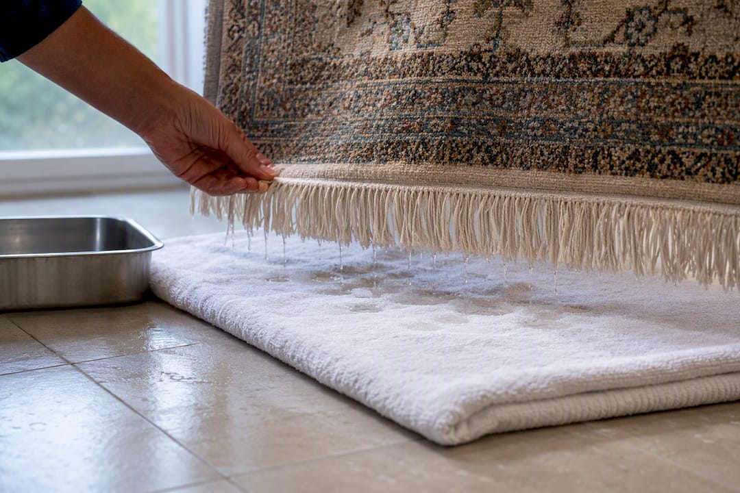 Dry towel catching rug fringe runoff