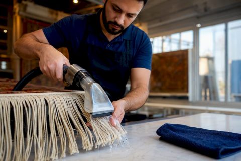 Technician rinsing fragile rug fringe