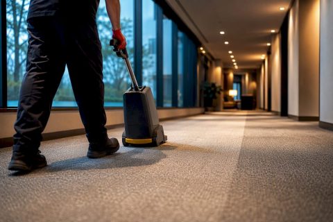 Technician maintaining low-pile commercial carpet