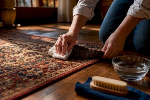 Hands safely testing dye on oriental rug