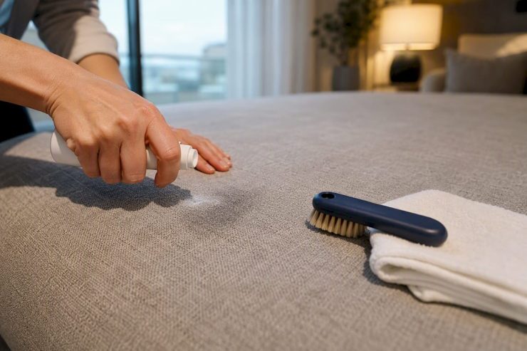 Homeowner testing cleaner on microfiber upholstery