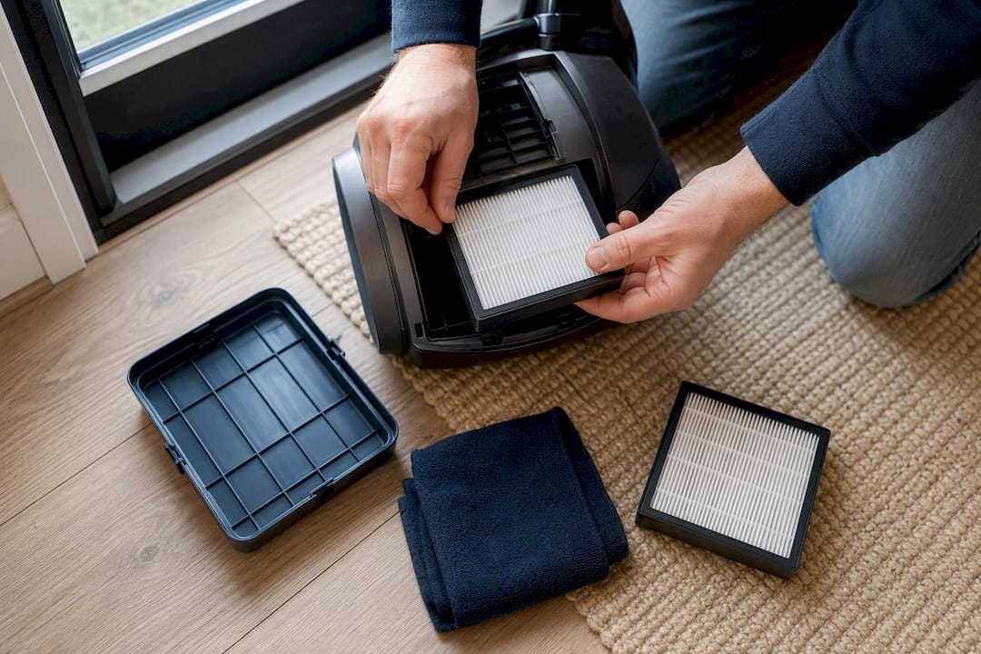 Hands replacing a vacuum filter at home
