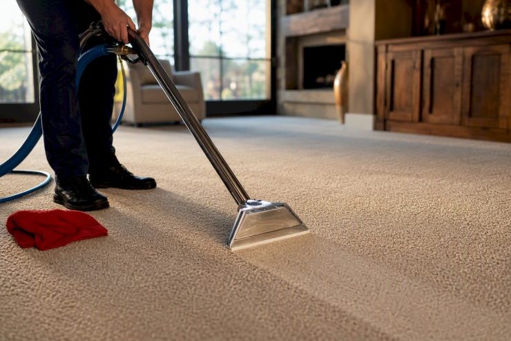 Technician performing professional carpet extraction