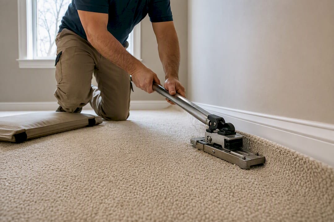 Technician restretching slack residential carpet