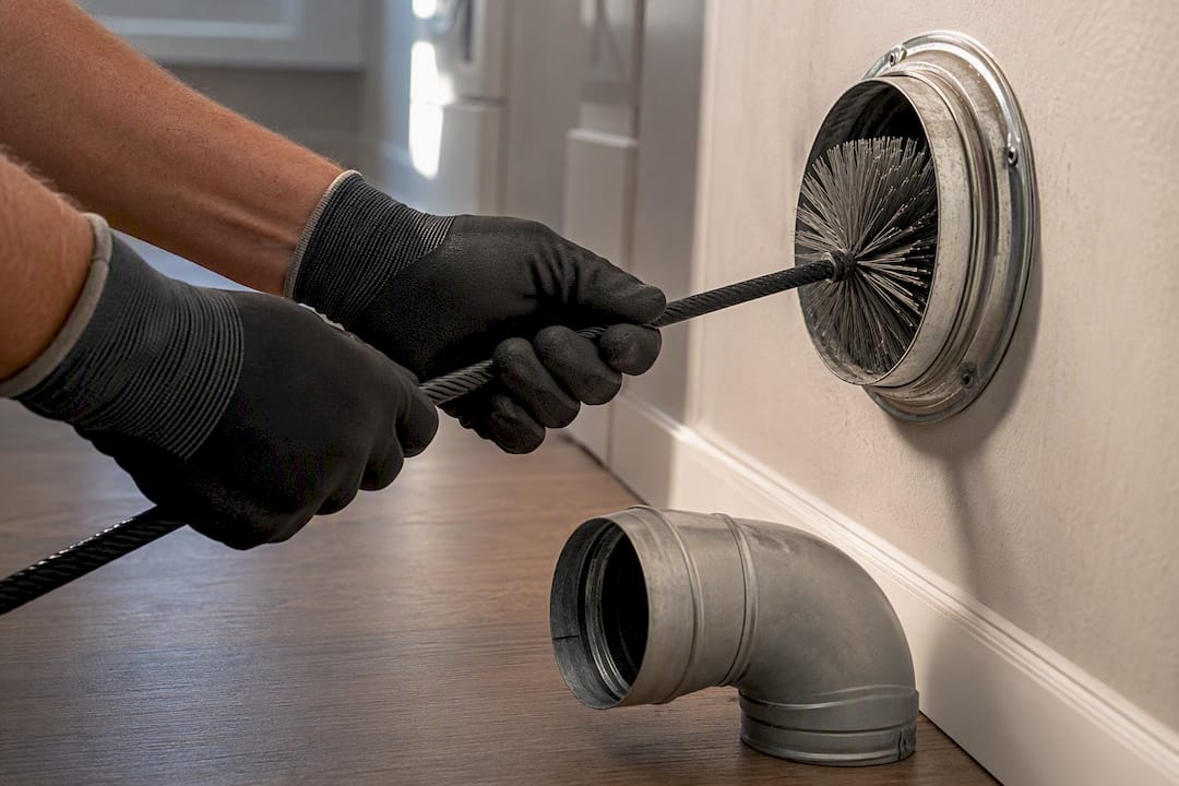 Rotary brush cleaning a long dryer vent