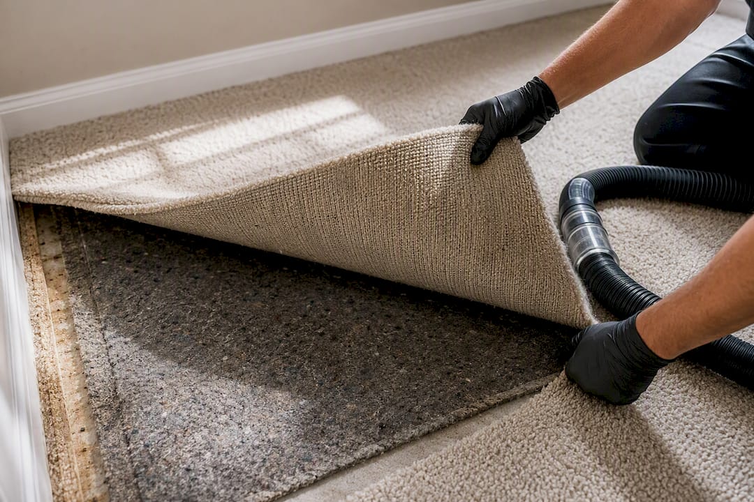 Technician inspecting contaminated carpet pad