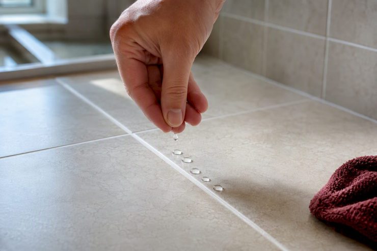 Water beads sitting on sealed grout