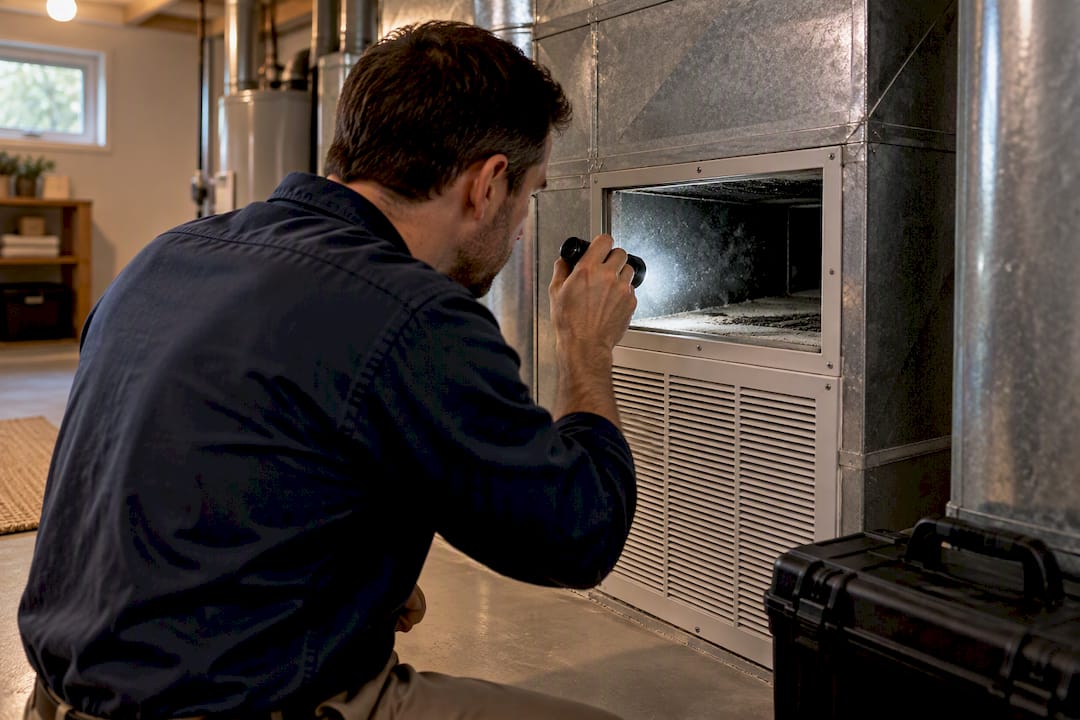 Technician inspecting residential return duct
