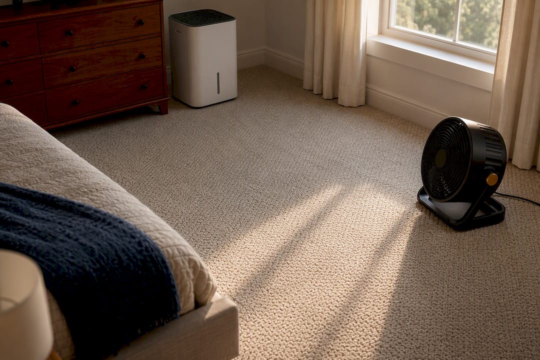 Fan drying freshly cleaned Berber carpet