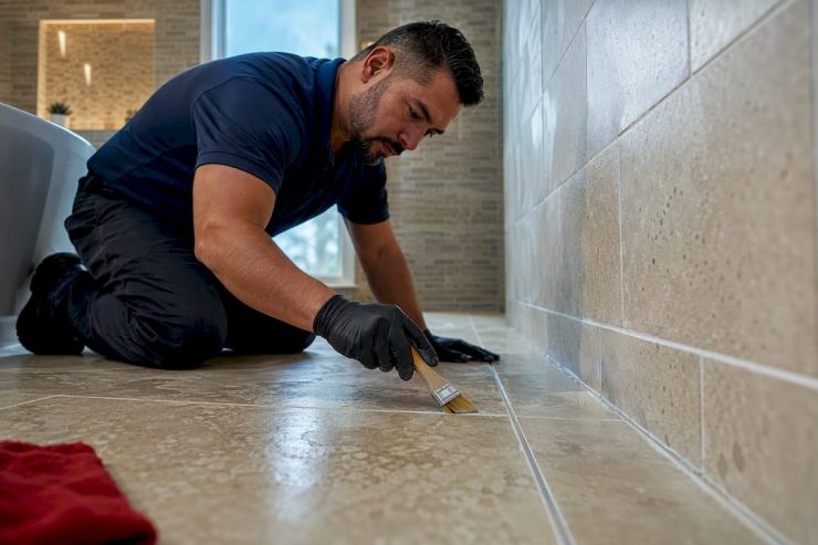 Technician sealing mineral-marked grout