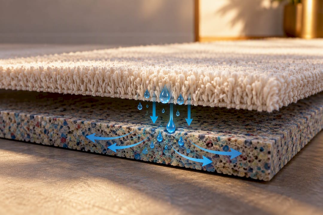Moisture moving through carpet and padding layers