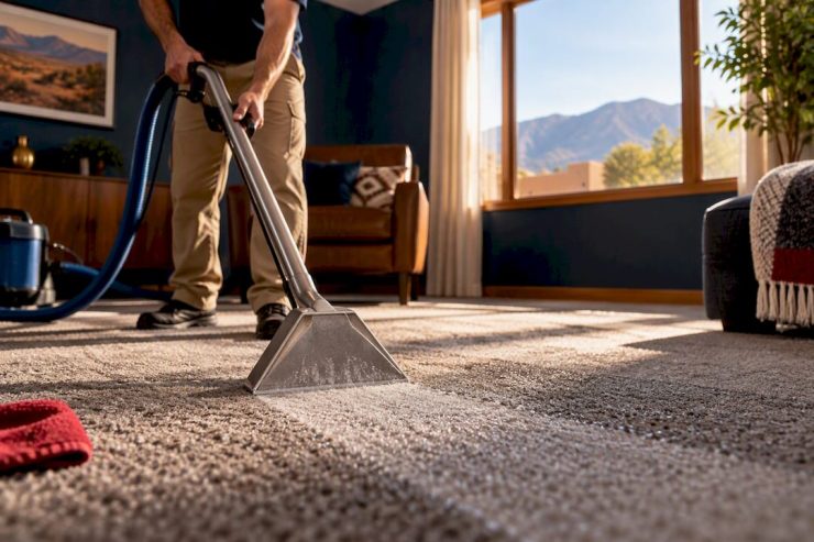Technician extracting water from residential carpet
