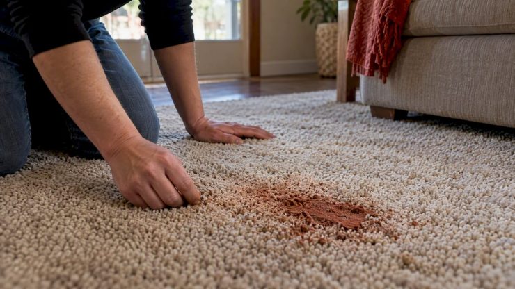 Red clay stain embedded in carpet fibers