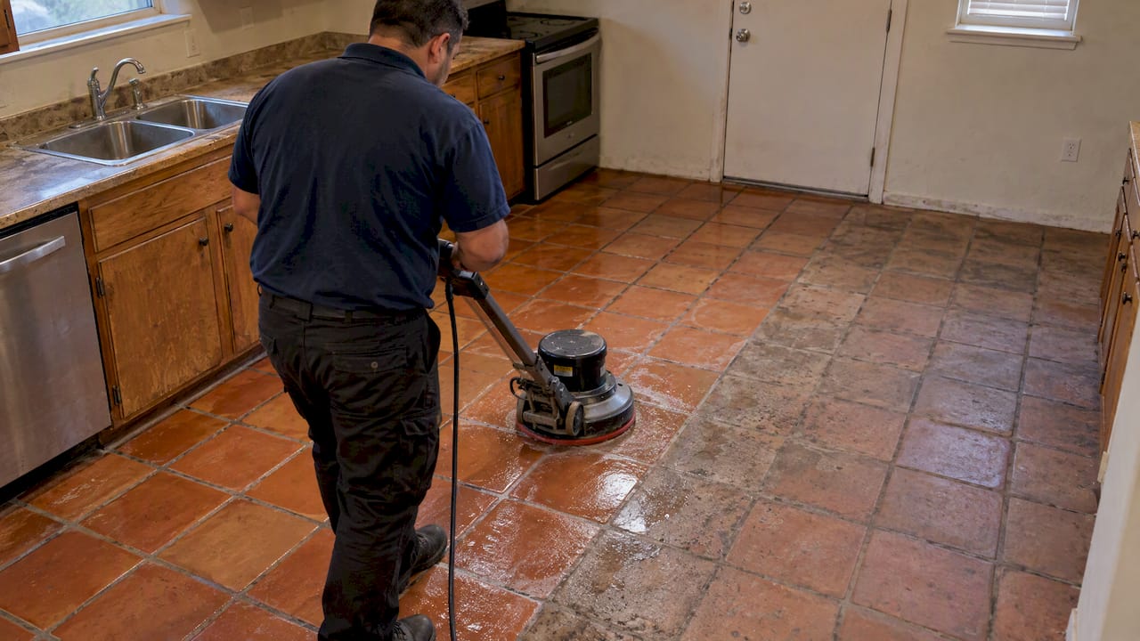 Professional rotary scrubber cleaning Saltillo floor