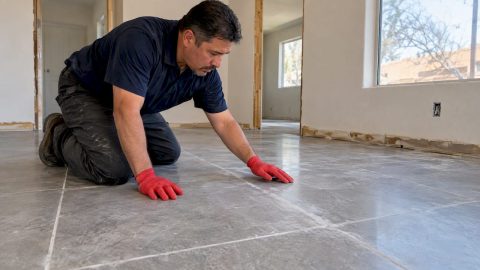 Technician inspecting grout haze on porcelain tile