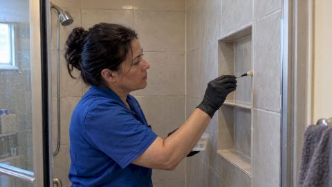 Homeowner sealing grout in a shower alcove