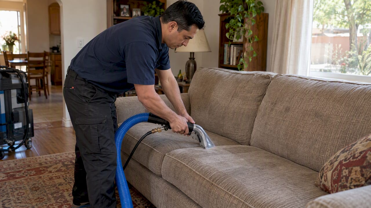 Technician extracting soil from a fabric couch
