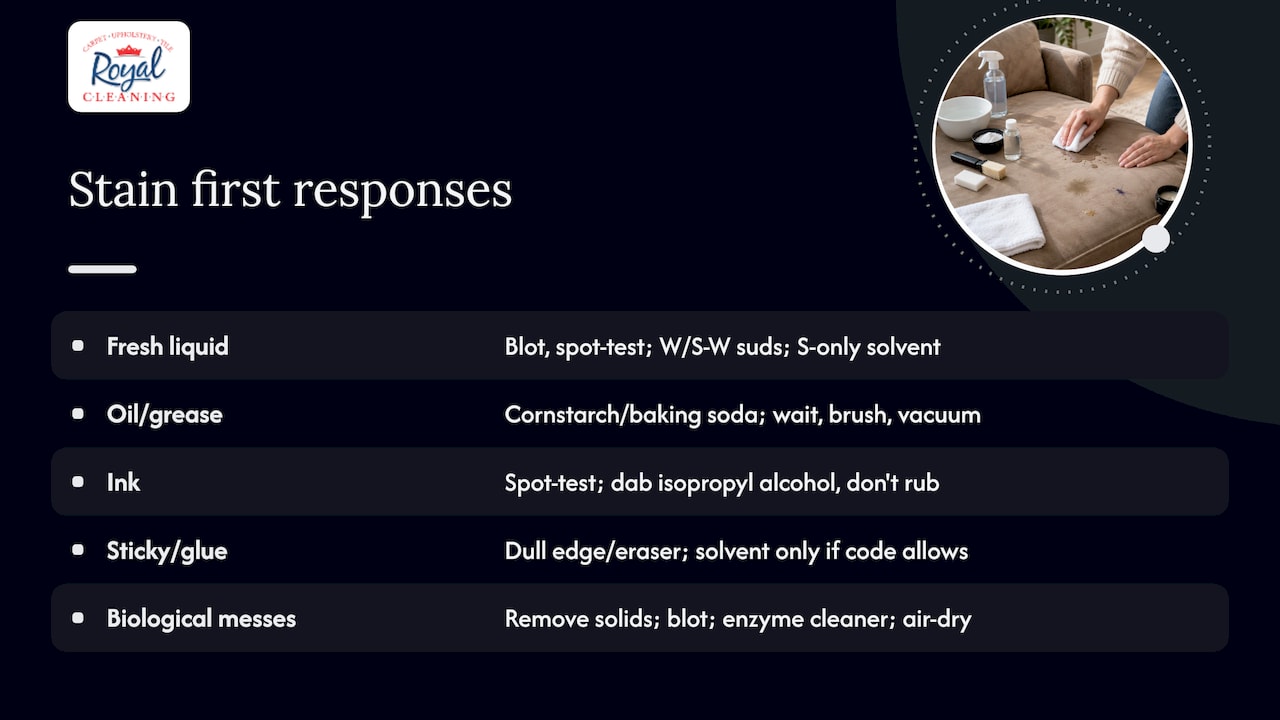 Stain types paired with suede-safe first responses