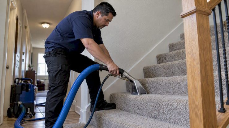 Technician cleaning carpeted stairs with extractor