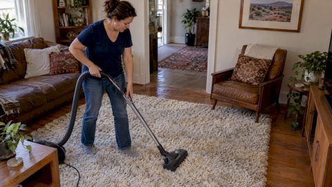 Homeowner vacuuming a thick shag rug