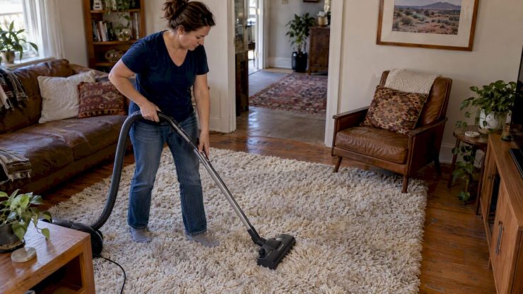 Homeowner vacuuming a thick shag rug