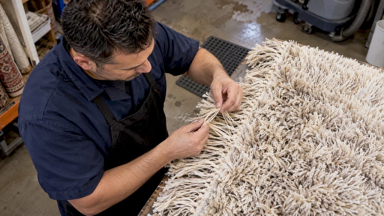 Technician checks the fringe of a shag rug